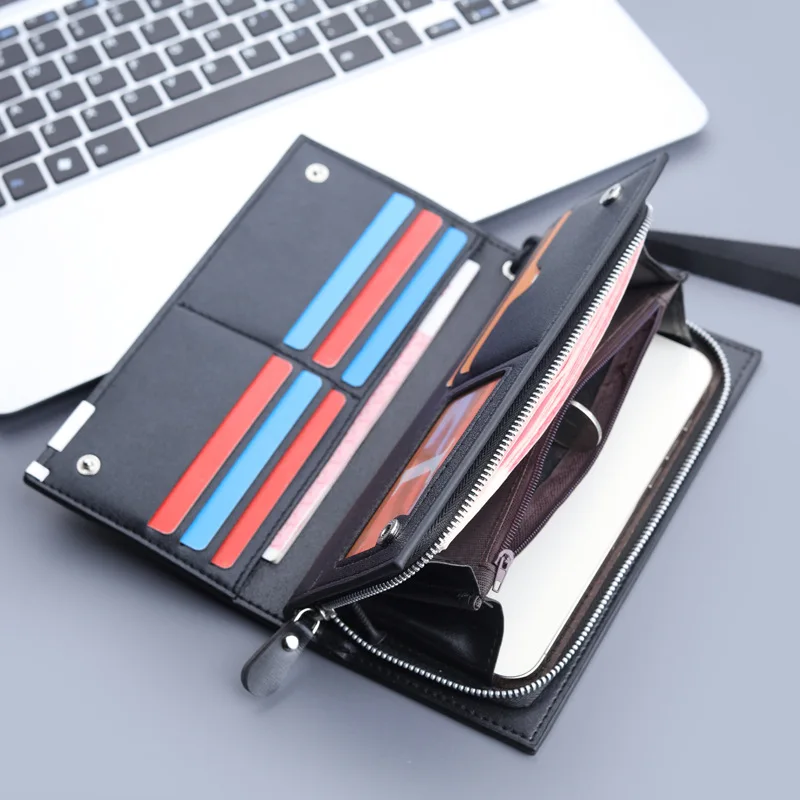 Long Clutch Men PU Leather Zipper Hasp Cell Phone Bag Card Holder Coin Pocket Large Capacity Multifunctional Handbag Business