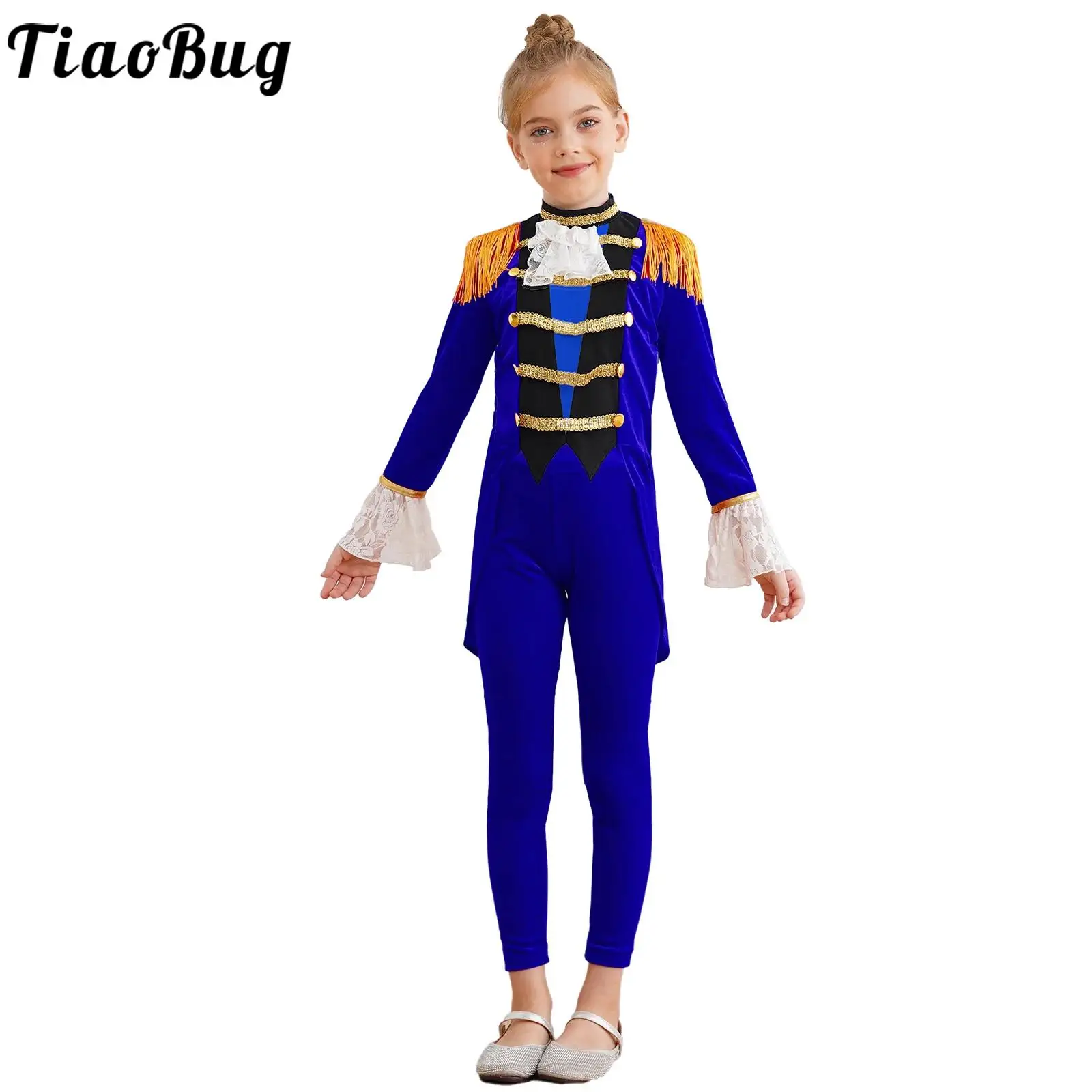 

Boys Girls Circus Ringmaster Performance Costumes Lace Cuffs Long Sleeve Tailcoat and Pants Halloween Carnival Party Velvet Sets