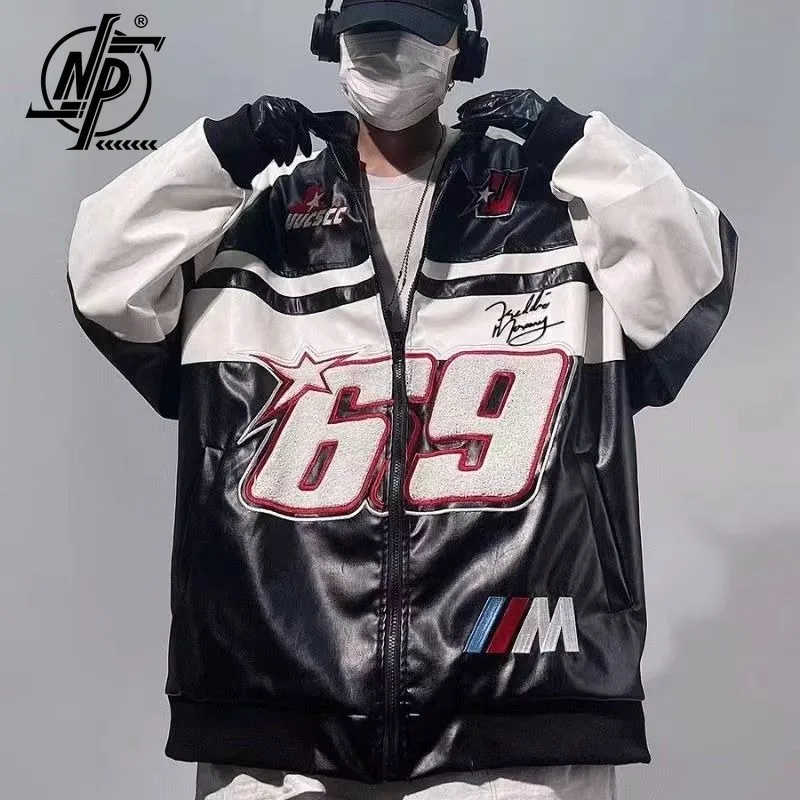 

Hip Hop American PU Leather Jacket Men Patchwork Letter Embroidery Motorcycle Biker Coats Unisex Bomber Jacket Flocking Clothes