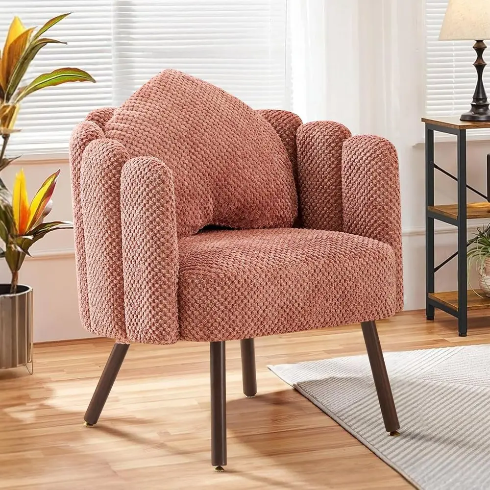 Veet Vanity Chair, Shell Accent Chair with Wooden Legs & Pillow, Petal Reading Chair or edroom Living Room, Makeup Armchair with