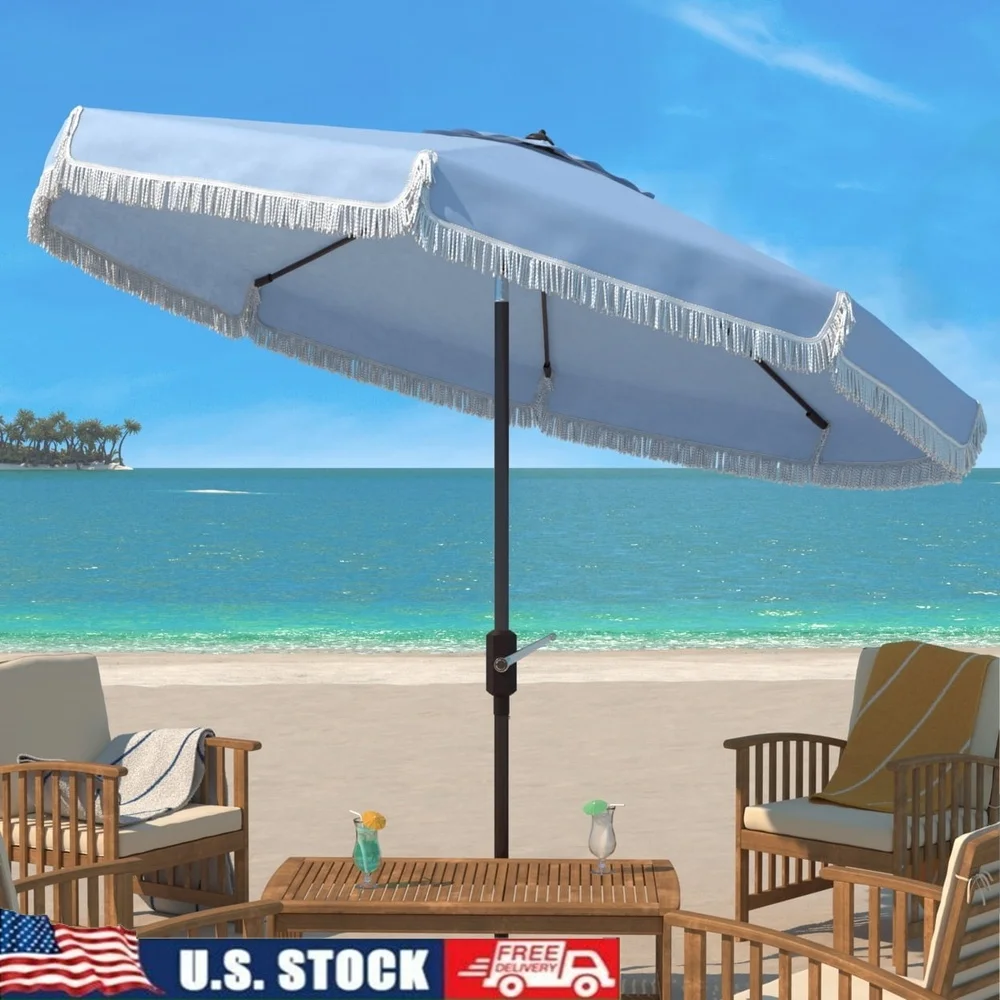 

9-футовый зонт для патио с кривошипом и наклоном, рыночный зонт, алюминиевая рама, открытый сад, бассейн, детский синий, белый, с бахромой, навес