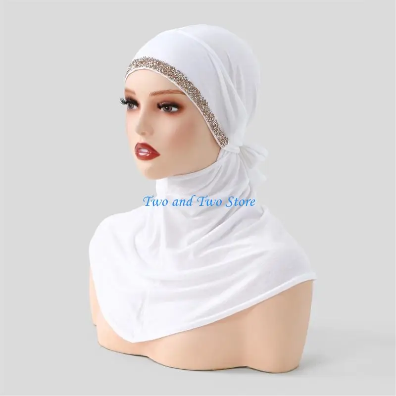 

HX6F Muslims Rhinestones Lace Tie Hat Easy to Fix Daily Wear for Women Elastic