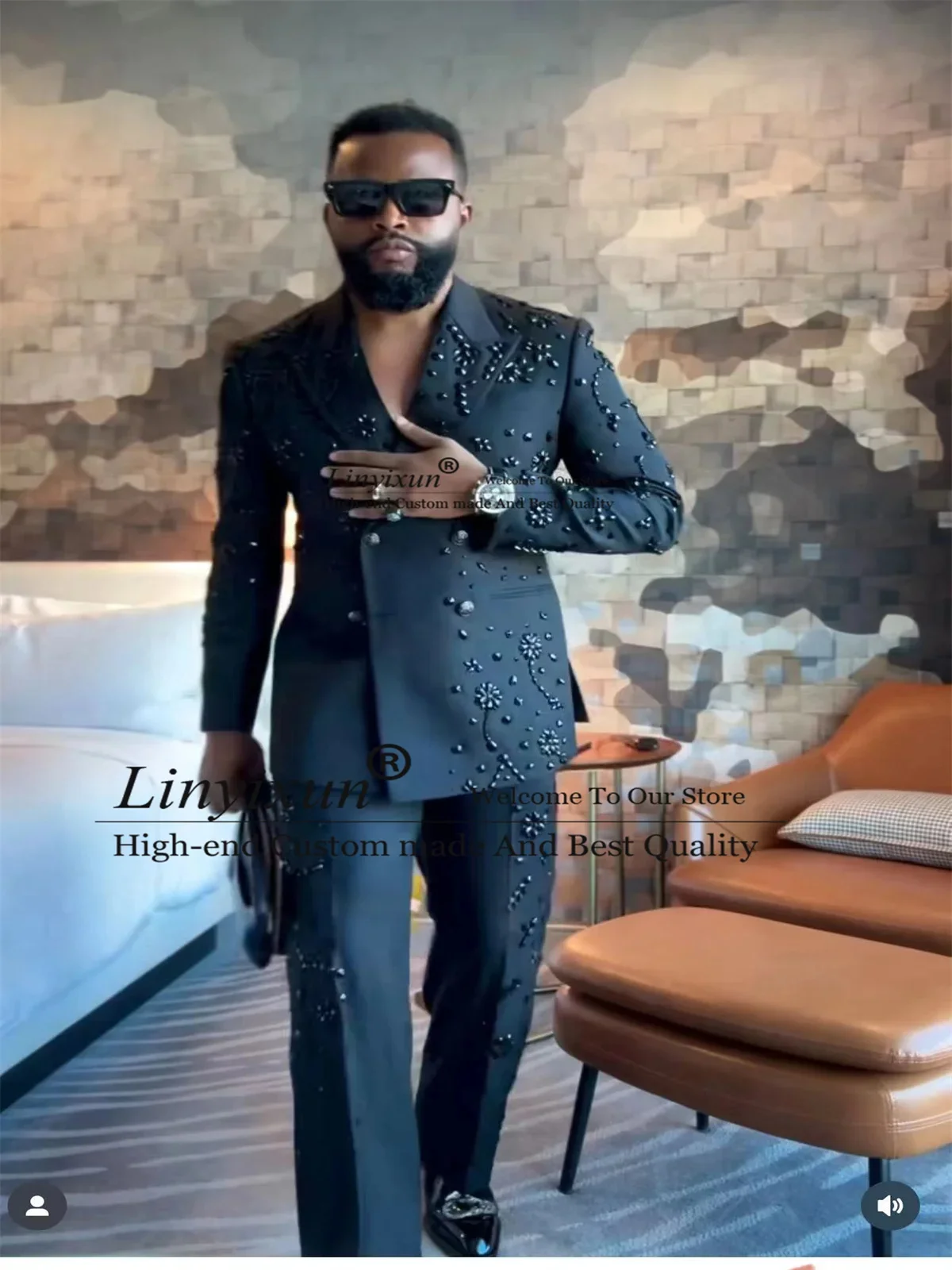 남성용 금속 장식 보석 턱시도, 세트 비즈, 무도회 블레이저, 웨딩 신랑 맞춤형, 2 피스 세트