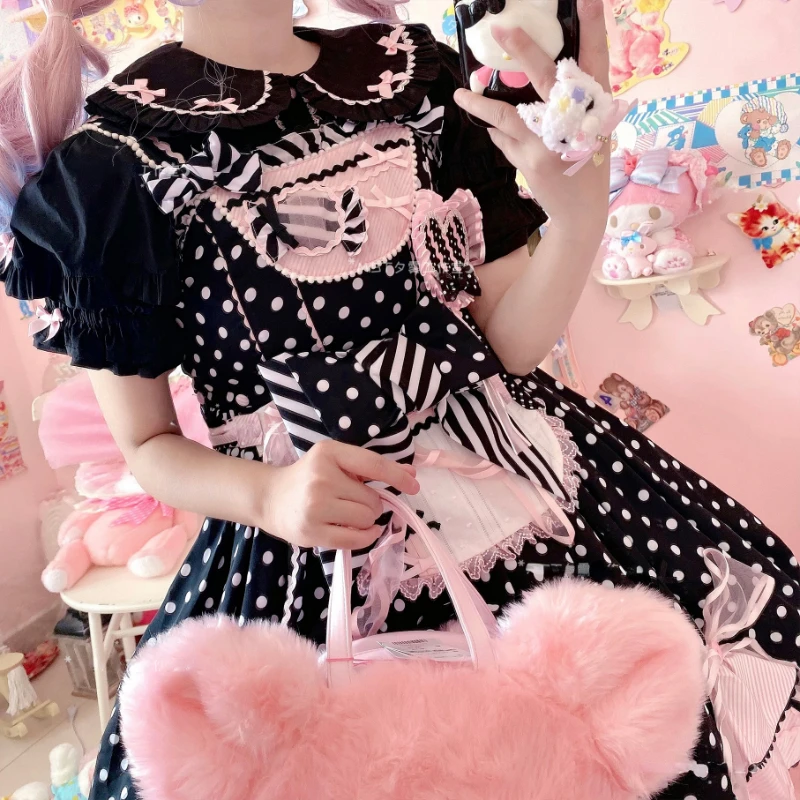 Blus Lolita Victoria Manis Jepang Kaus Kerah Peter Pan Pita Kawaii Wanita Atasan Anak Perempuan Blus Y2K Lengan Pendek Puff Musim Panas