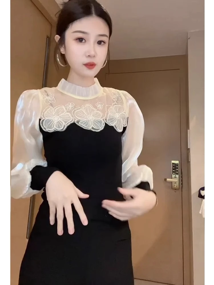 

Женская одежда, осень 2024, новая рубашка с 3D цветком, яркая сетка для лица, вязаный топ, искусственная блузка из двух предметов, женская футболка