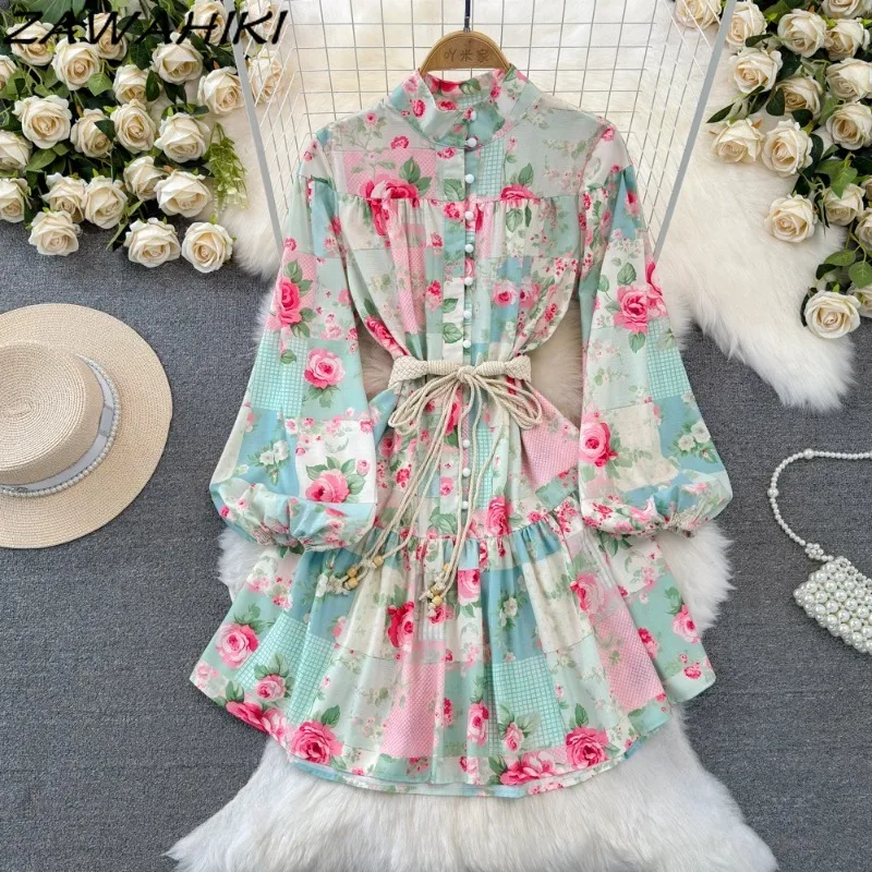 Avondjurken Voor Dames Vintage Lantaarnmouw Dames Korte Jurk Staande Hals Bloemen Vestidos Patchwork Bandage Ropa Mujer