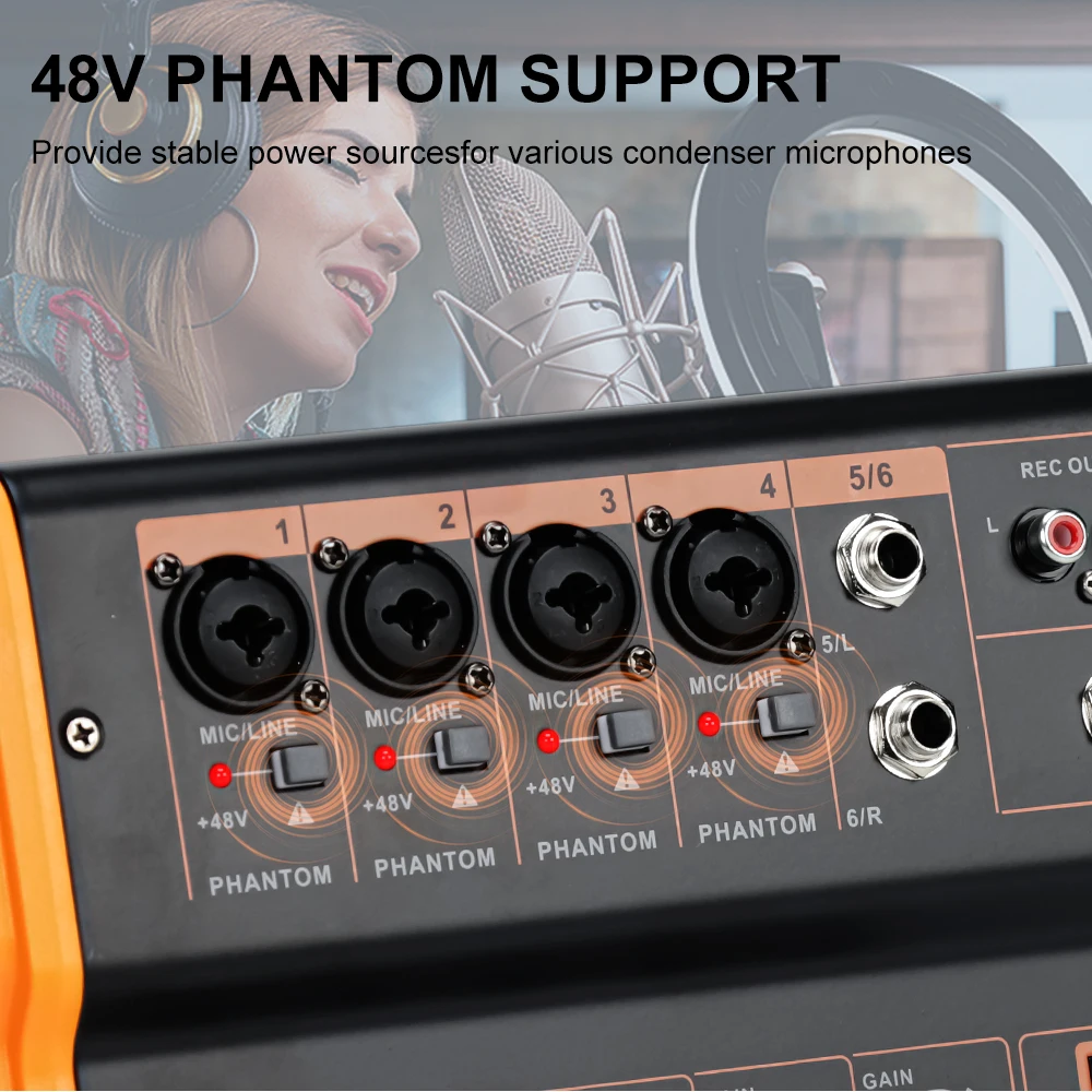 LEUS BOS4/6 Channel 99 DSP Effect Audio Mixer Record PC 48V Phantom Power USB Sound Mixers Bluetooth DJ Console Mixing for Karao