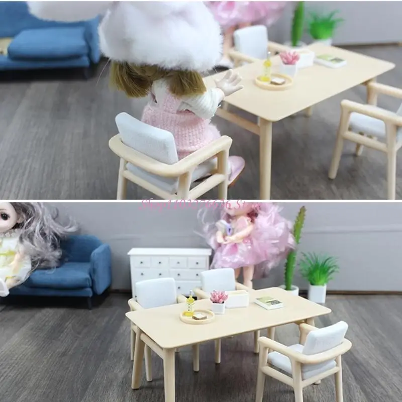 R6FD Miniatur Dollhouses Dining Set mit 4PCS -Stuhl für die Verbesserung der realistischen Skala -Szene -Display