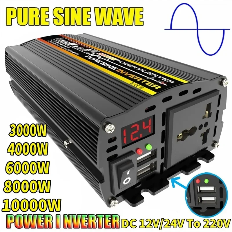 

DC 12V To AC 220V Pure Sine Wave Power Inverter 3000W/4000W/6000W/8000W/10000W Intelligent Digital Display Voltage Transformer