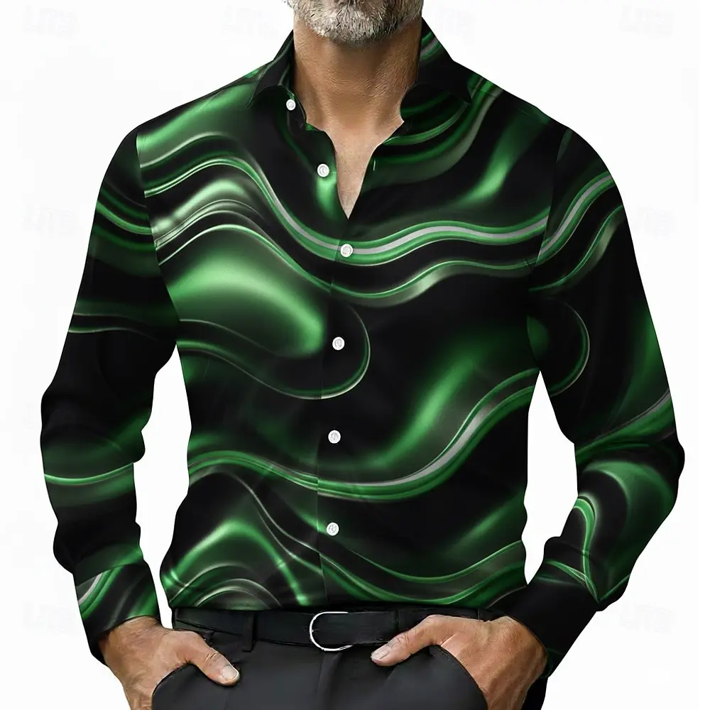 2026 Men's Geometric Pattern Line Abstract Art Shirt Button Up Shirt Long Sleeve Fashion Casual Spring 3D Print Collared Shirts