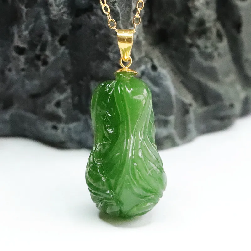 

JiaLe/18K Gold Natural Hetian Jasper Jade Spinach Green Cabbage Necklace Pendant Fashionable Personalizedmen Women Couples Gift