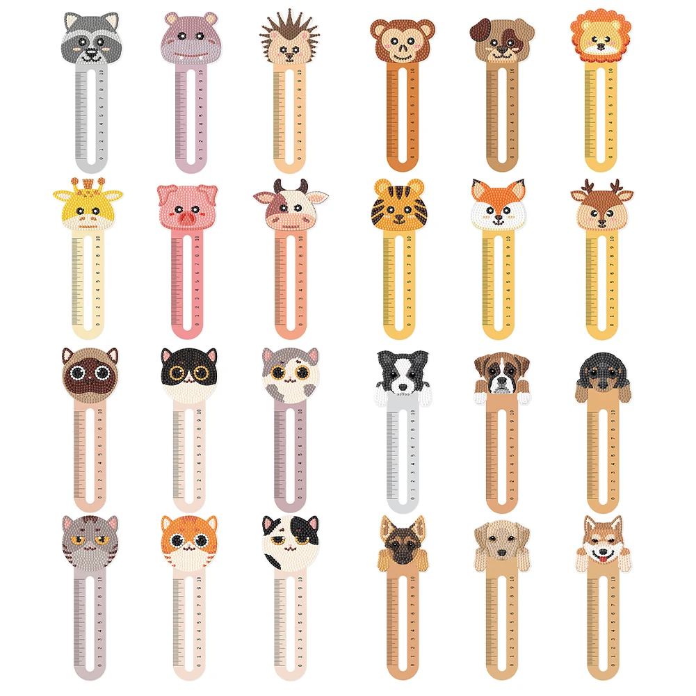 6pcs Cartoon Animal Pattern 2D/Flat DIY Diamond Painting Art Bookmark Ruler Set Suitable for Reading Lovers