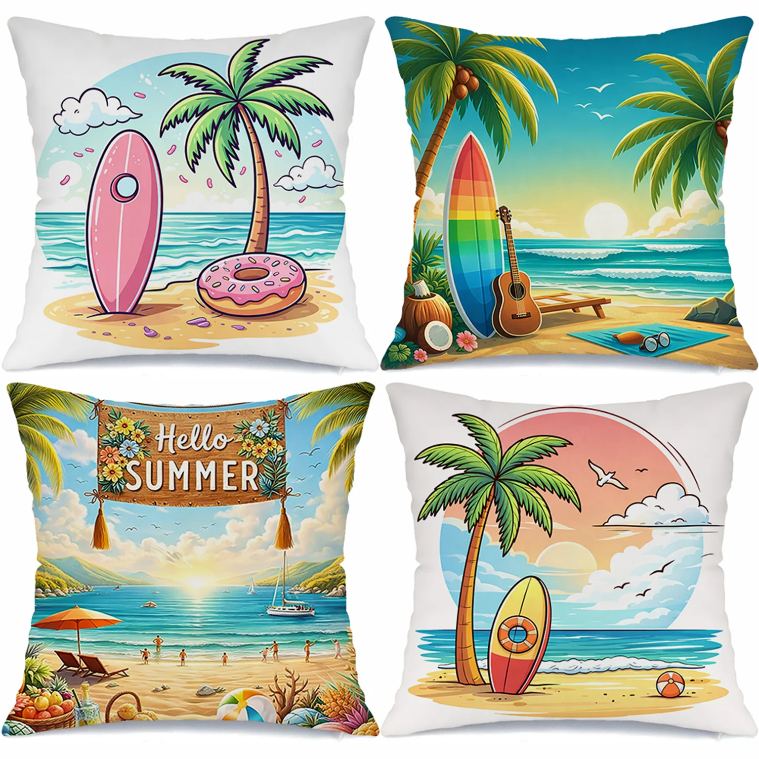 Hello Summer Beach Pillow Covers, Tropical Palm Tree Surfboard Decorative Throw Pillow Cases, Coastal Home Decor Cushion Covers