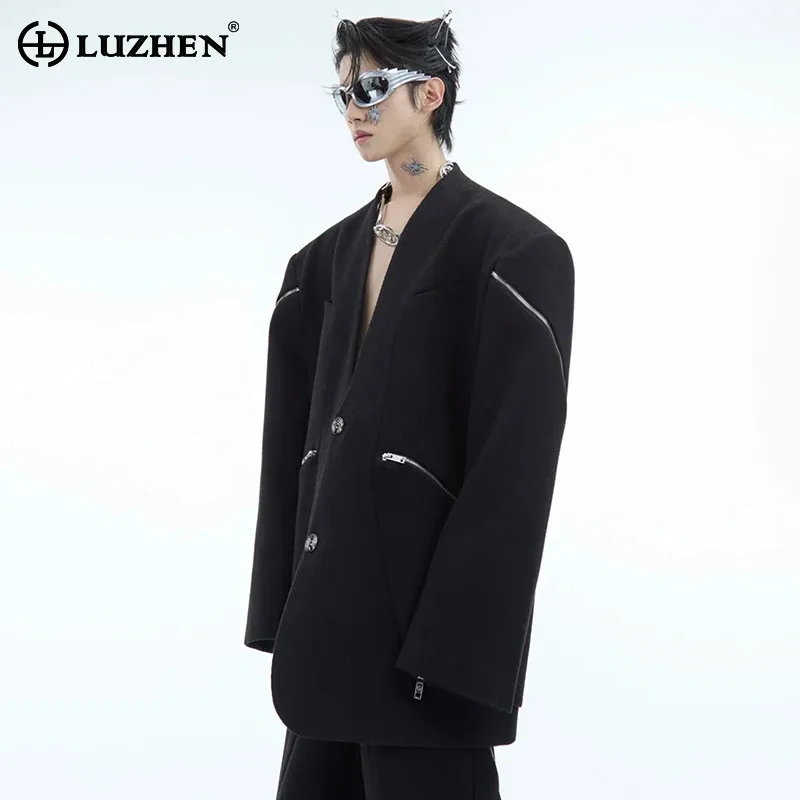 LUZHEN Fashion Deconstructs Double Zipper Collarless Suit High End Social Personalized Plain Casual Formal Blazer Male LZ7917