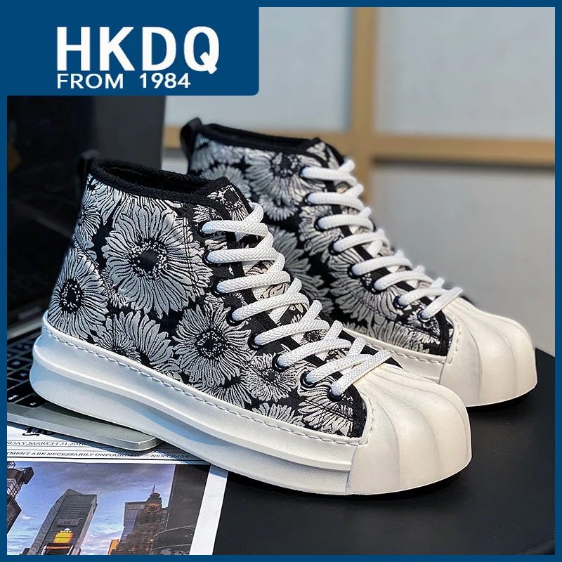 

HKDQ New Fashion Shell Canvas Sneakers Men High Top Platform Men's Casual Sneakers Trendy Flower Outdoor Men Vulcanization Shoes