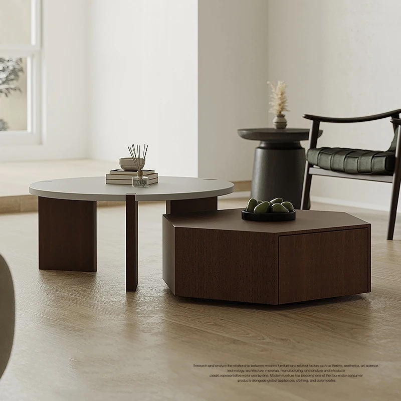 Italian Minimalist Coffee Table Set, Round, Imported Smoked Wood Veneer, Suitable For Small And Large Living Rooms, Designer Fur