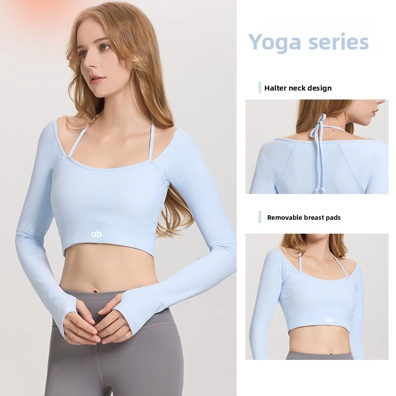 Women Halter Neck Ribbed Crop Yoga Top Long Sleeve Built‑in Pads High Elastic Slim Seamless Workout Sports Top Autumn Winter