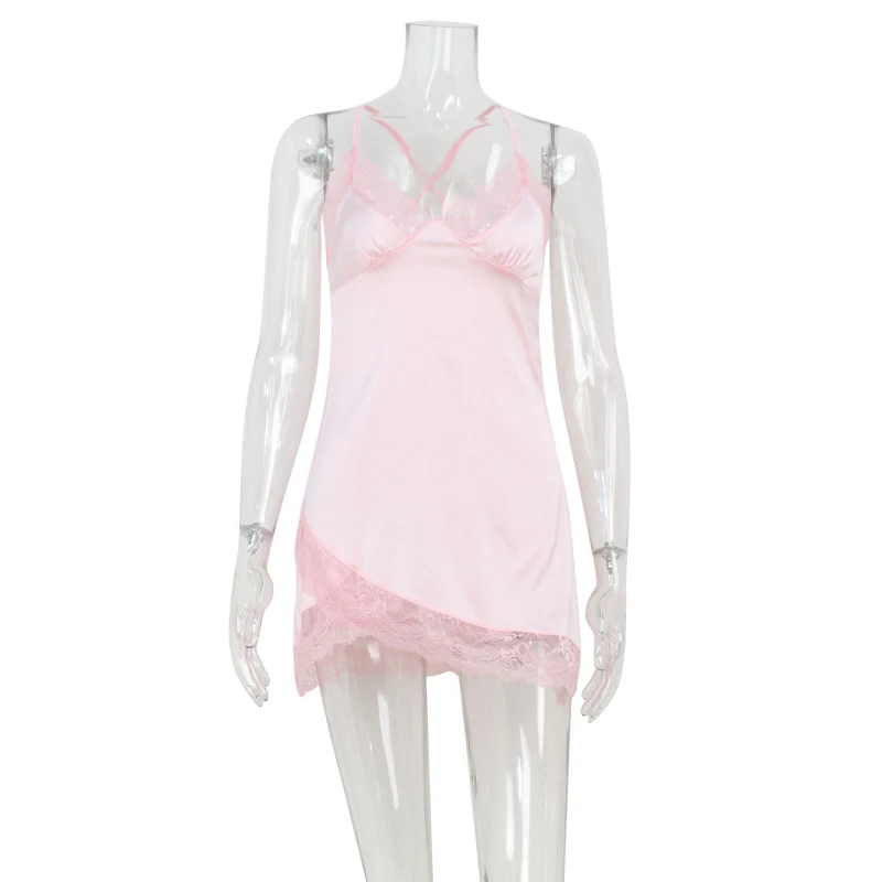 BKLD Różowa, uwodzicielska damska koszula nocna 2025, codzienna sukienka na ramiączkach, sznurowana, bez rękawów, z odkrytymi plecami, mini satynowa sukienka z koronkowymi wstawkami.