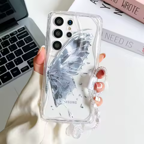 Lanyard Phone Case For Samsung S24 S23 S22 S21 S20 FE Plus Ultra A10S 20S 11 02 03 04 05S Butterfly Wrist Chain Soft TPU Cover