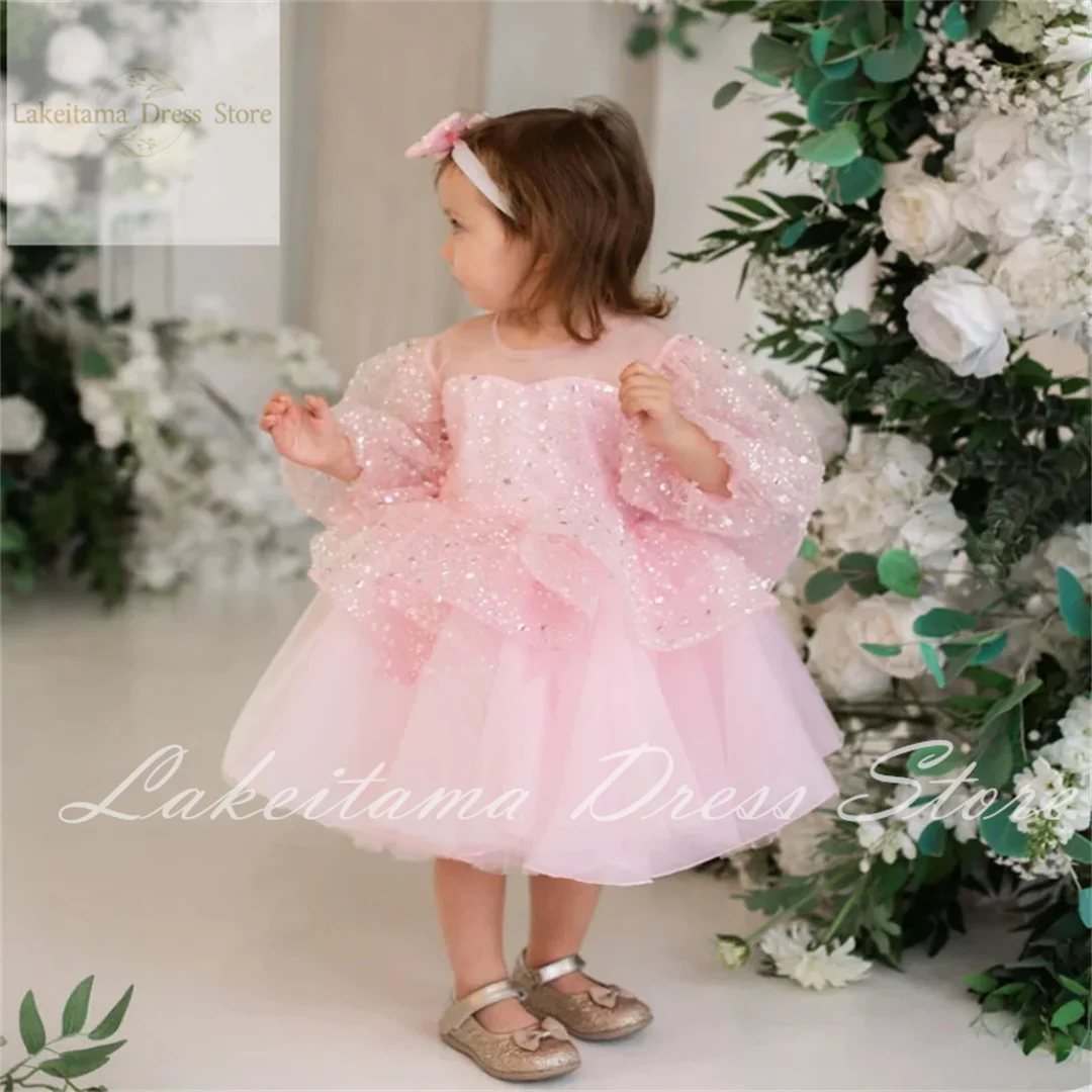 Vestido rosa de tul con apliques de flores para niña, para boda, cuello redondo, lentejuelas, hinchado, cumpleaños, primera comunión, vestidos de baile de princesa