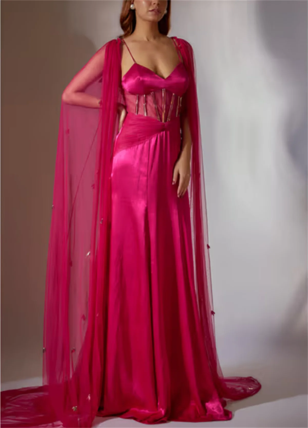 The Evening Dress Has A Straight Neck A V Neck Off The Shoulder High Slit And Long Sleeves And Red Chiffon Fabric Elegant  2024