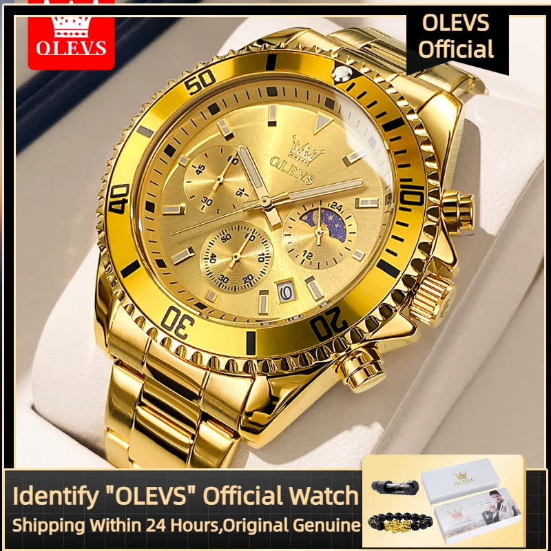 

OLEVS кварцевые мужские часы, модные водонепроницаемые часы из нержавеющей стали, 42,5 мм, большой циферблат, спортивные часы с фазой Луны, лучшие мужские часы 2870