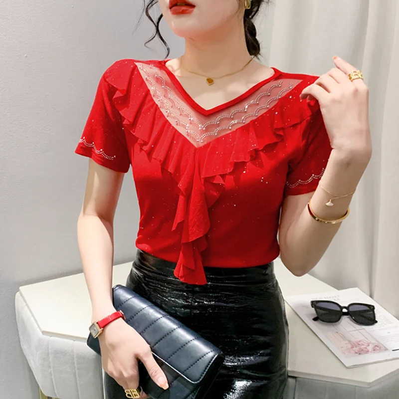 #5456 Black Red Green Mesh T Shirt Women Hollow Out Ruffles Tight Stretch Tshirt Short Sleeve Sexy Streetwear Tee Thin V-neck