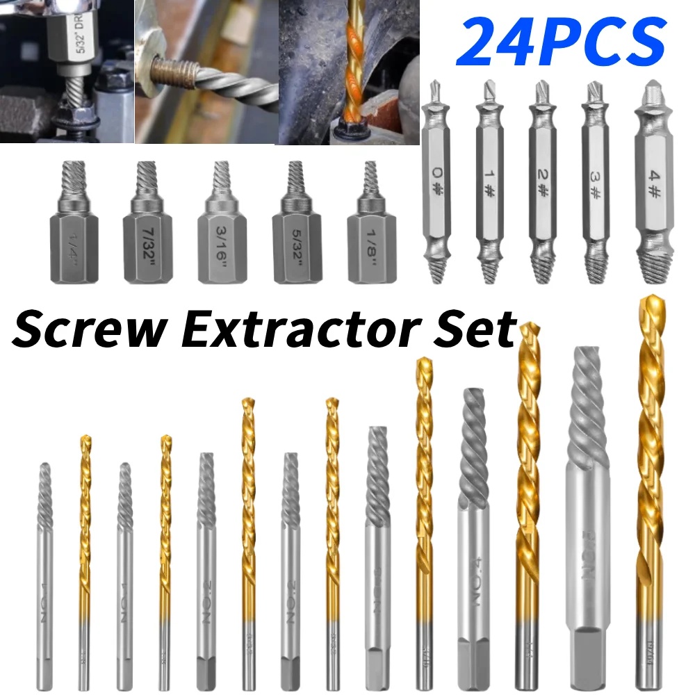 

24 шт. экстрактор поврежденных винтов и набор левых сверл. Профессиональный легкий экстрактор винтов со сверлом из быстрорежущей стали для сломанного болта.
