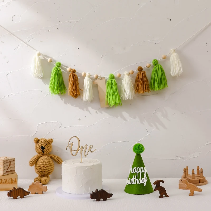 Baby Tassel Banner Happy Birthday Dinosaur Non Woven Hanging Flag Birthday Hat Party Background Decoration Photography Props