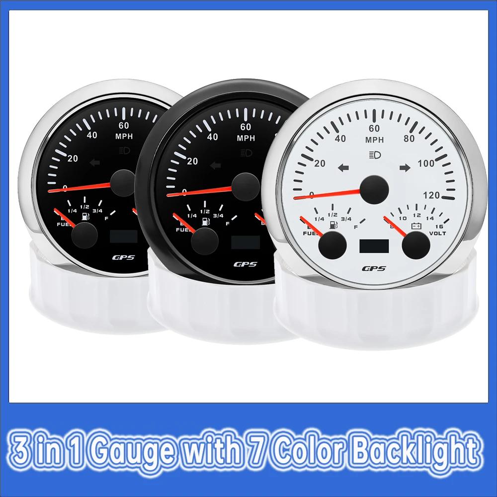 

3 in 1 Speedometer Fuel Gauge Voltmeter with 7 Color Backlight Waterproof Pointer Gauge with GPS Cable for 12V Car Boat