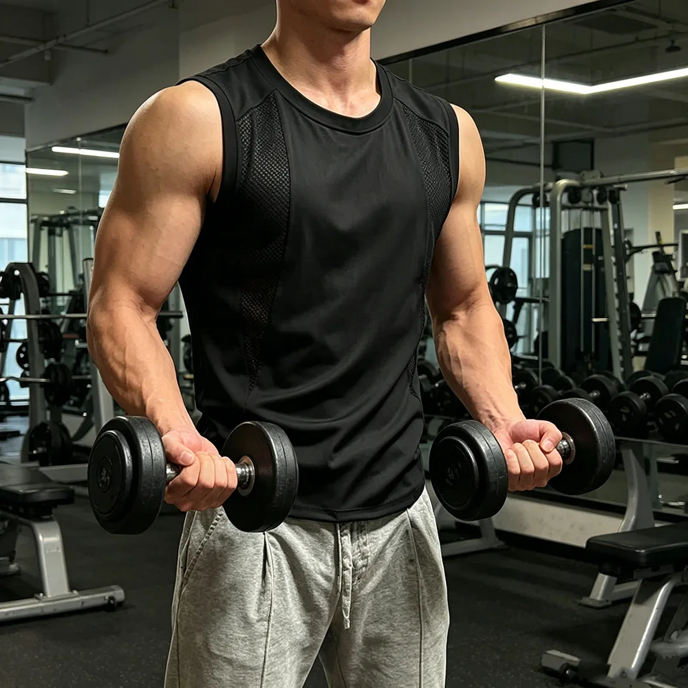 Summer Mens Quick Dry Breathable Solid Color Spliced Mesh Vest bodybuilding for Workout Fitness Basketball