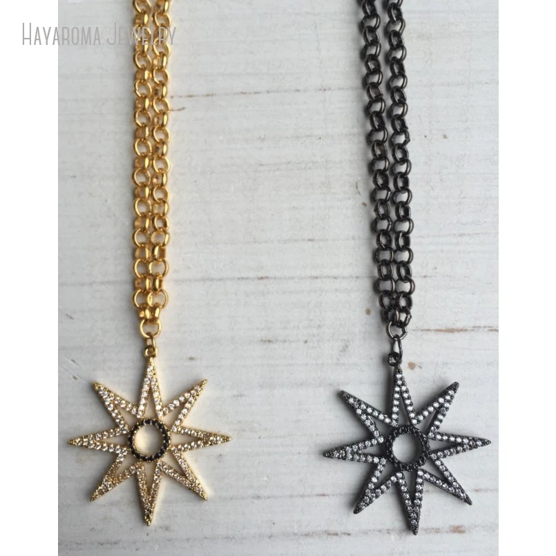

10Pcs Pave Crystal Gold And Gunmetal Starburst Short Necklace On Gunmetal And Gold Color Chain