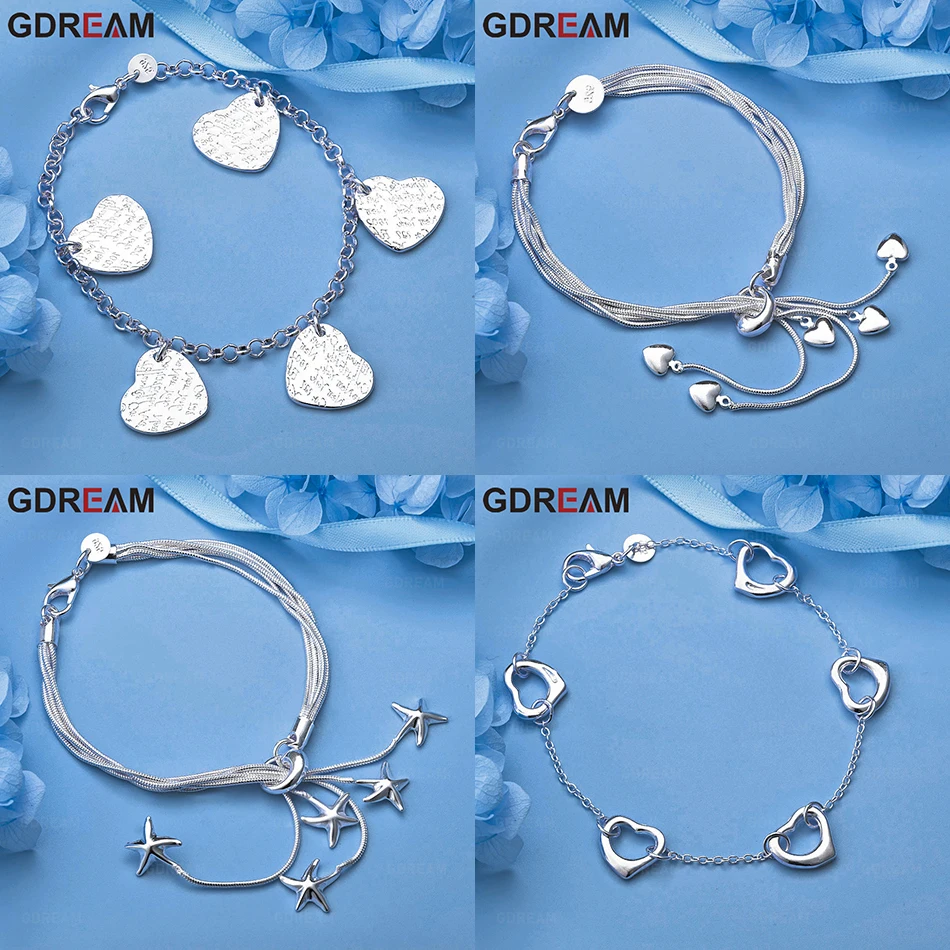 

GDREAM 925 Sterling Silver Hanging Five-Heart Five-Line Snake Chain Bracelet Retro Fashion Holiday Gift Jewelry