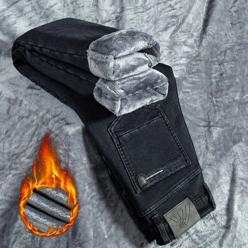 กางเกงยีนส์บุขนหนานุ่มสำหรับผู้ชาย ทรงตรง ยืดได้ เหมาะสำหรับฤดูหนาว สไตล์ลำลองธุรกิจ แบรนด์แฟชั่น