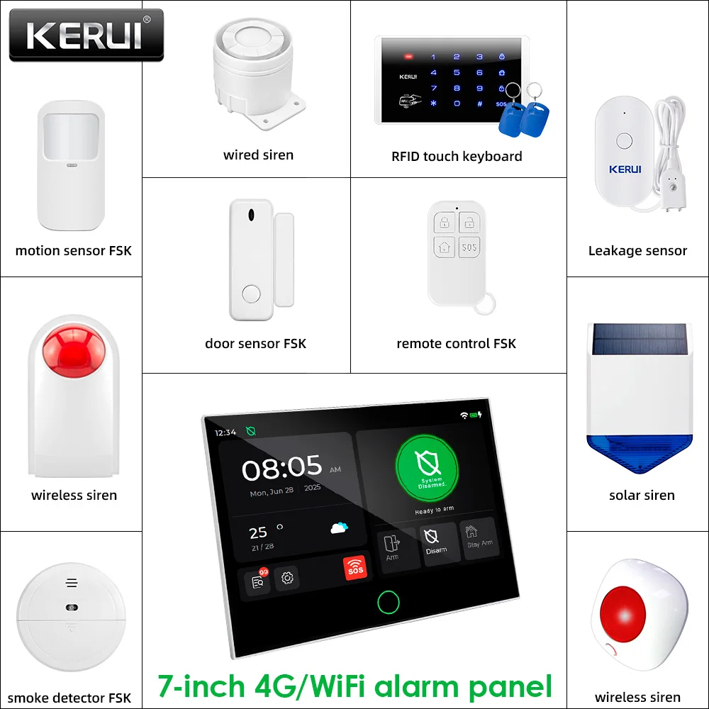 

KERUI New 7 inch Touch Screen Panel Alarm System With Sensors 4G+WiFi DIY Your Home Alarm Kits FSK/ASK Security Protection G70