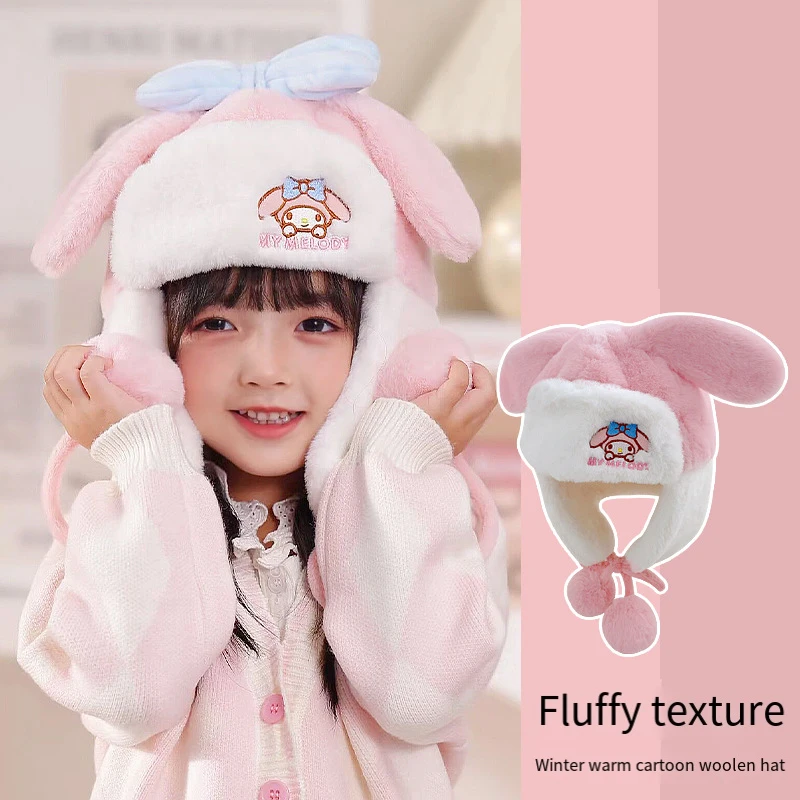 Gorro infantil My Melody Kuromi Sanrios Cinnamoroll dibujos animados mantener caliente figura de Anime Kawaii Plus terciopelo grueso regalo para niña Otoño Invierno