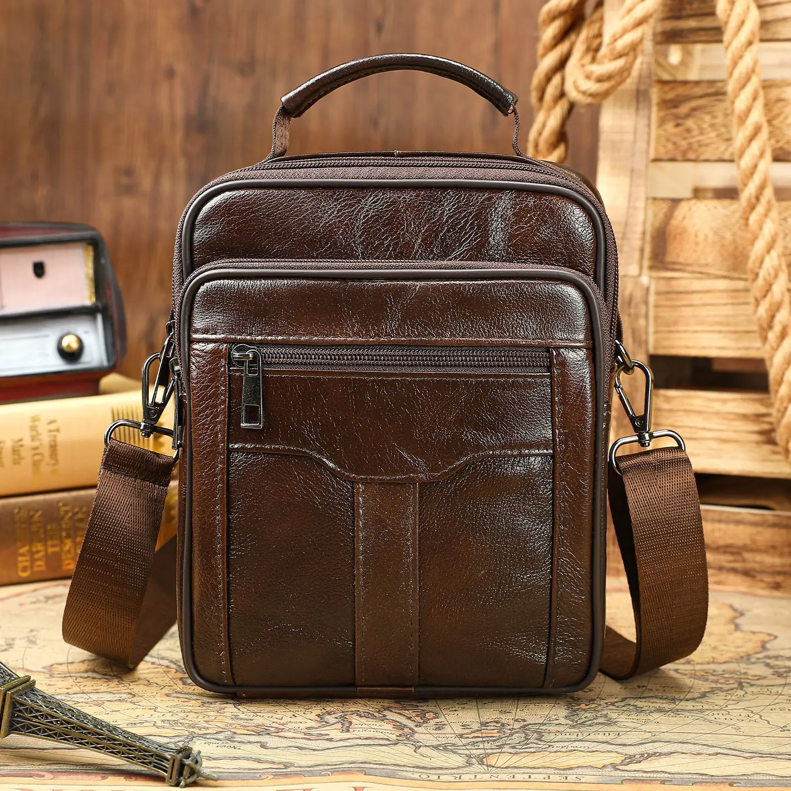 Men Genuine Leather Crossbody Bag Dark Brown First Layer Cowhide Shoulder Purse Multi Zipper Front Pocket Top Handle Daily