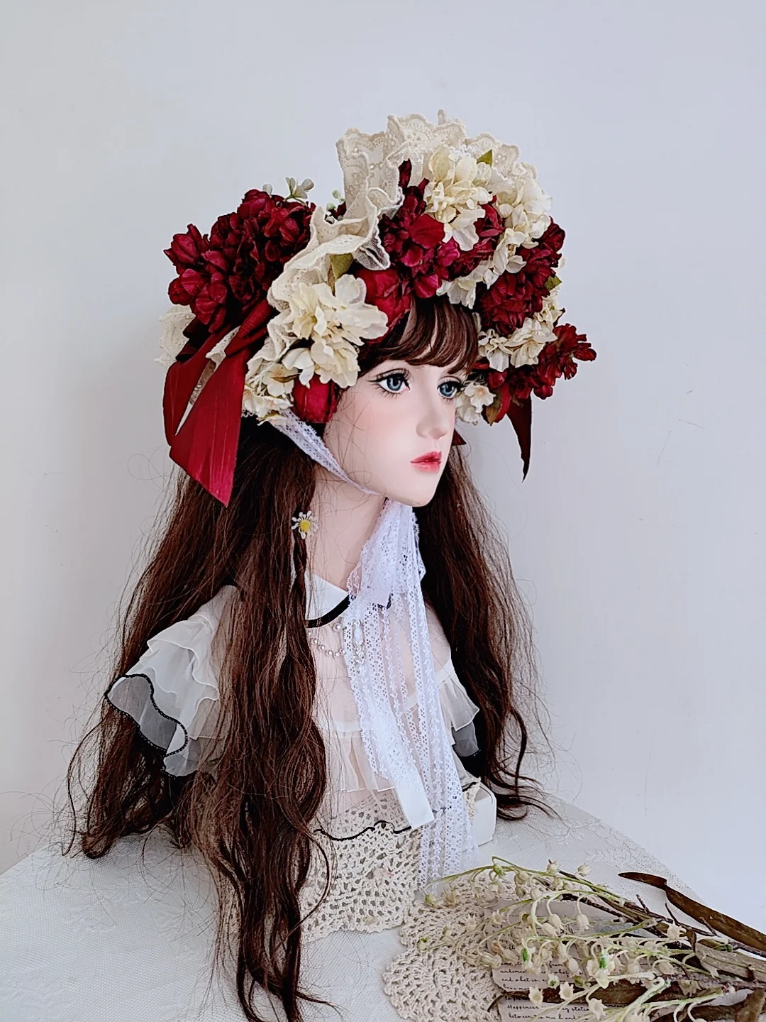 

Handmade Wine Red Rose Straw Hat Flat Lolita Gorgeous Elegant Tea Party Pastoral French Style Ponette