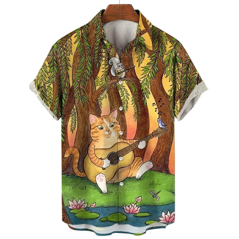 Funny Animal Cat Guitar 3D Printed Shirts For Men Clothes Fashion Cartoon Music Blouses Harajuku Fashion Lapel Blouse Y2k Tops