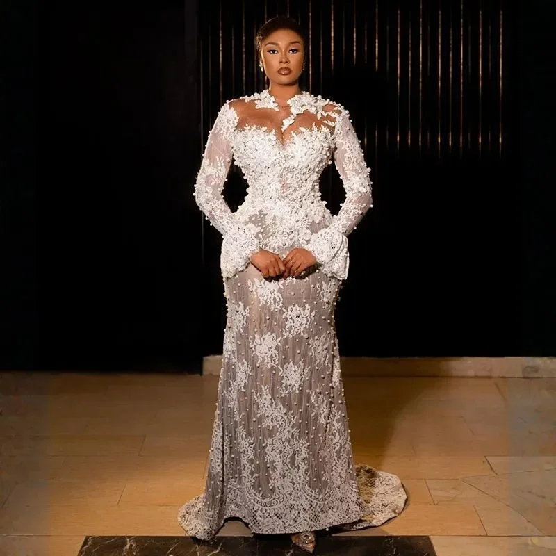 Robes de mariée Aso Ebi personnalisées, grande taille, style sirène, col haut, manches longues, robes de mariée élégantes pour femmes noires africaines, dentelle