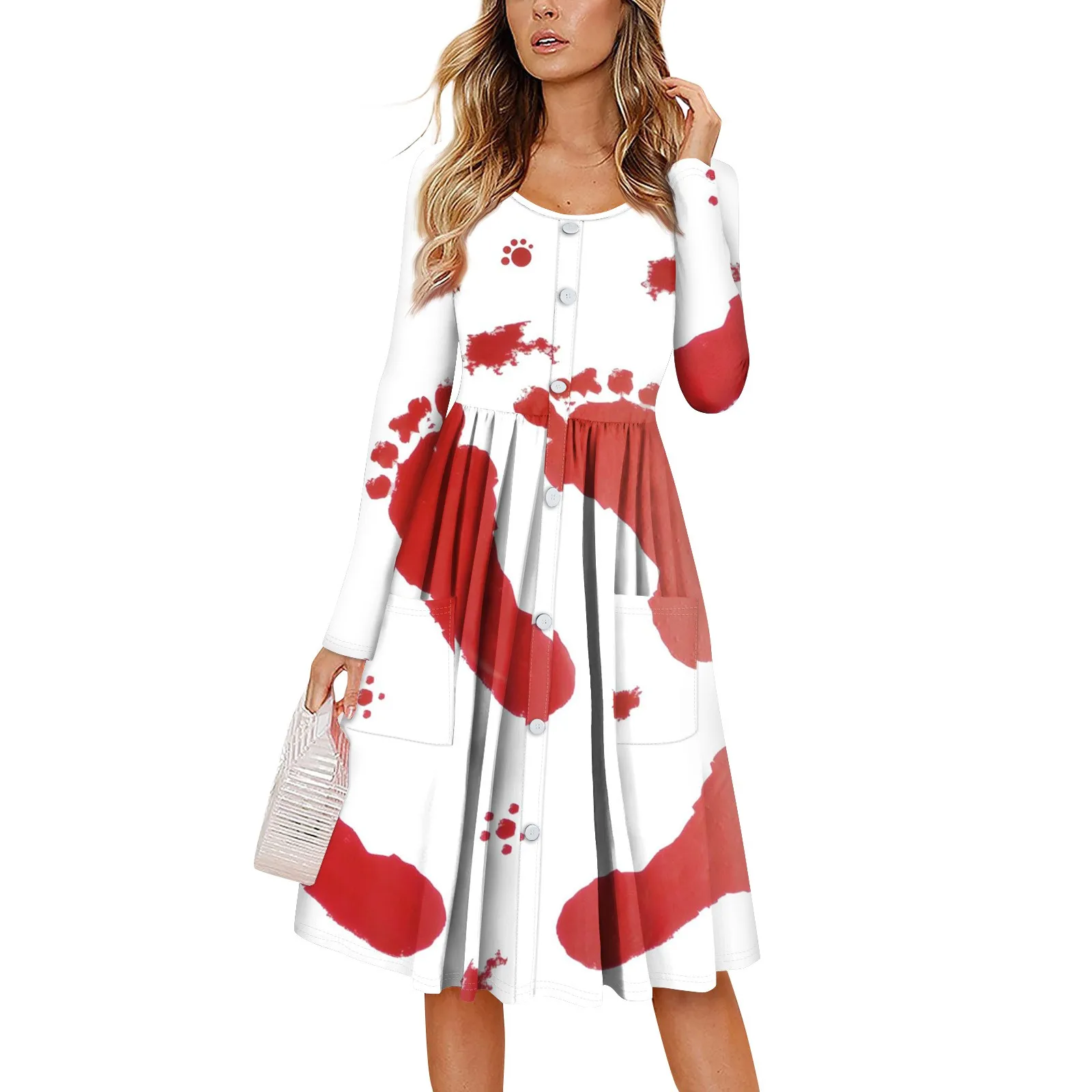 Blood Handprint Printed Party Dress Halloween Costume Women\'S Long Dress Retro A-Line Dress Holiday Party Women Dress