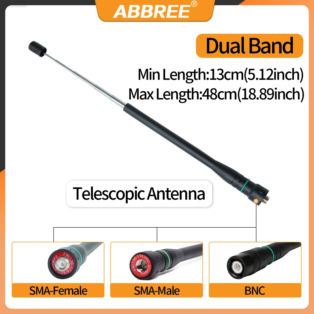 ABBREE-Antena Telescópica, SMA-Fêmea, Macho, BNC Antena de Banda Dupla para Quansheng UV, K5, K6, Baofeng UV-5R, BF-888S, 21 Ham Radio, AR-775