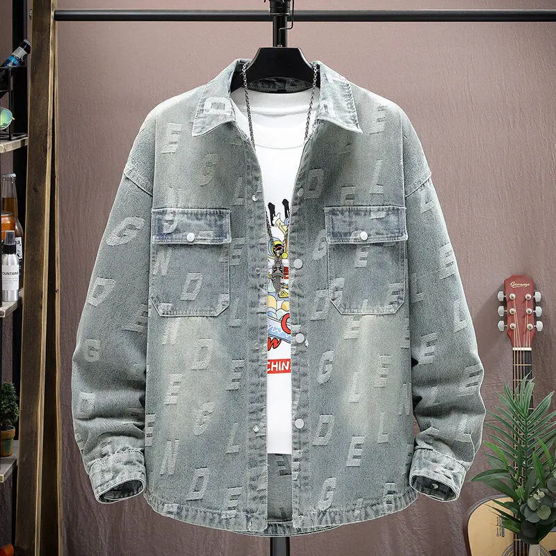 

2025 Spring and Autumn New Jacquard Denim Lapel Long Sleeve Casual Versatile Outdoor Men