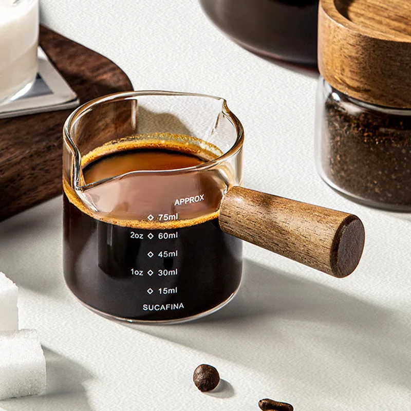 Glass Small Milk Cup Fine Espresso Small Glass Measuring Cup Single Double Spout Coffee Milk Sauce Dispenser With Wooden Handle