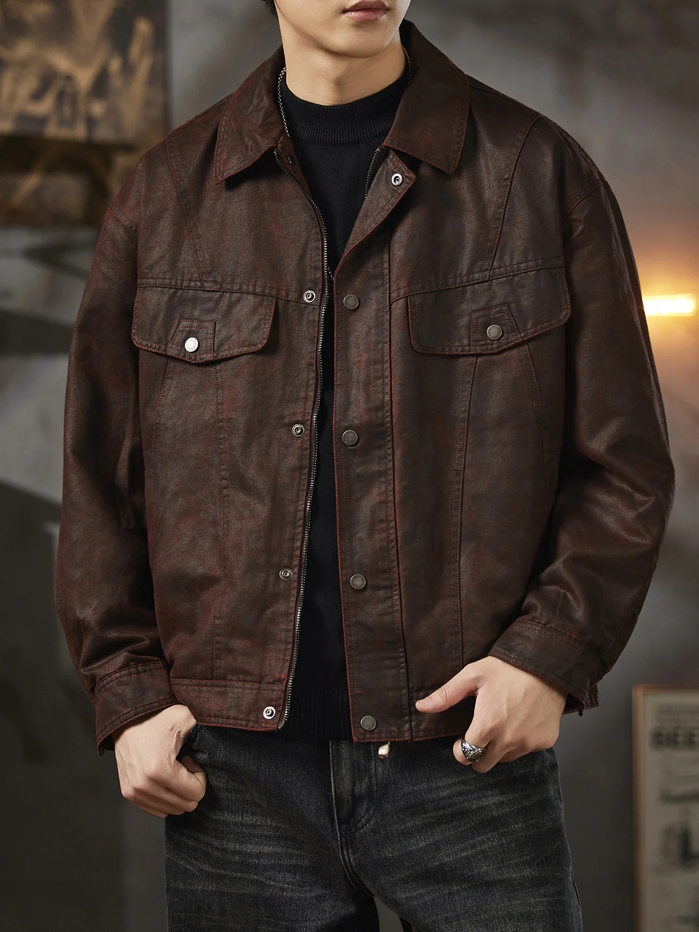 

S35 Мужское кожаное пальто-пилот в стиле ретро в американском стиле с застежкой-молнией, теплое повседневное длинное пальто-пилот све, чистый цвет