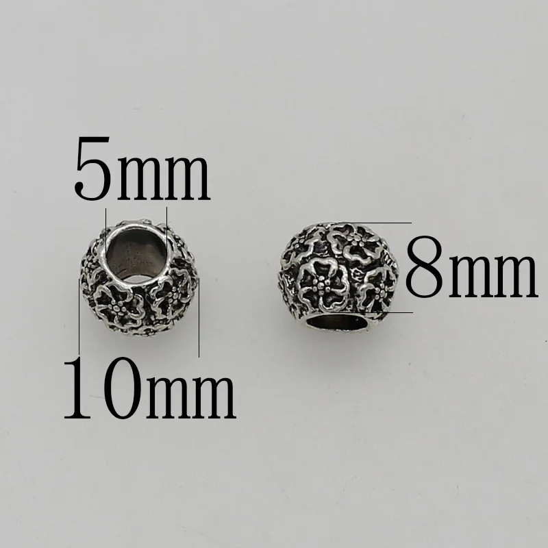 10pcs/lot Vintage Pretty Flower Pattern Big Hole Loose Beads 10mm Bracelets Beards/Wig Alloy Beads Spacers DIY Jewelry Making