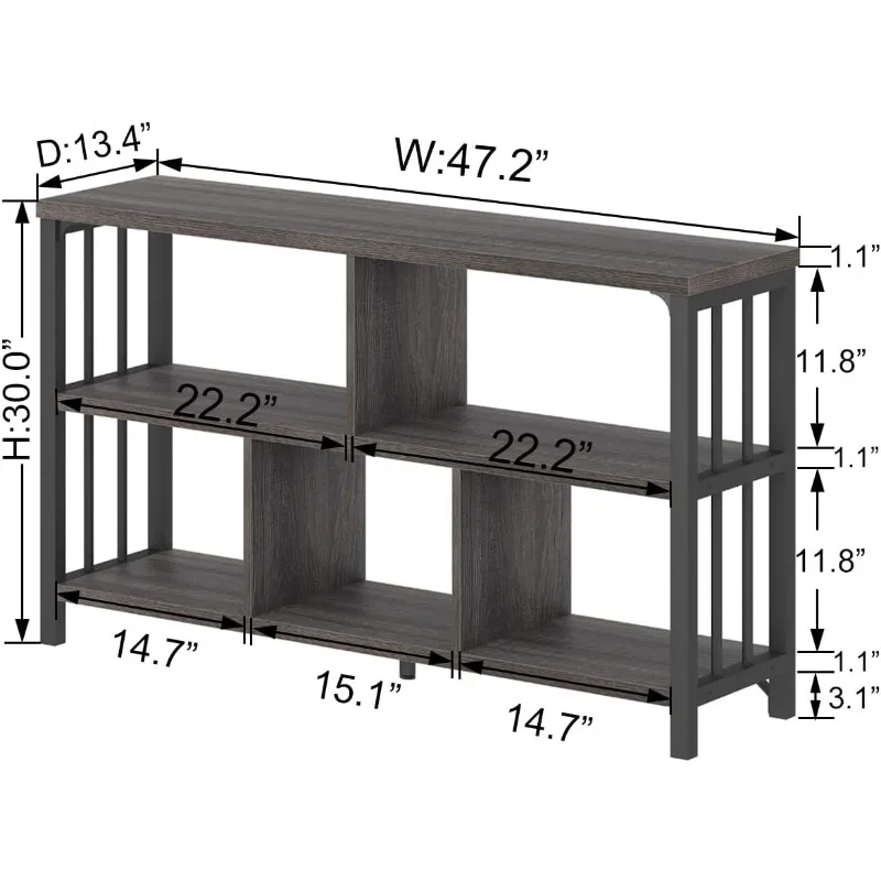 Industrial 5 cube storage Organization bookshelf, Bedroom metal and wood cube bookshelf, dark gray oak, 47 inches