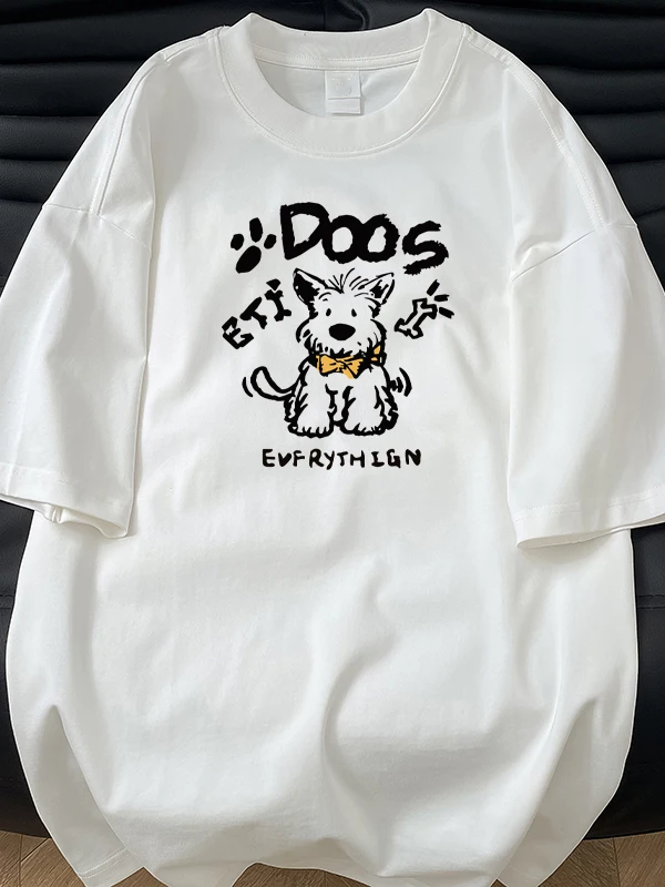 

Loose Fit round Ne ort Sve T-irt Cartoon Dog Print ex Youthful Sle Large Size Versatile Top for Casual Wear