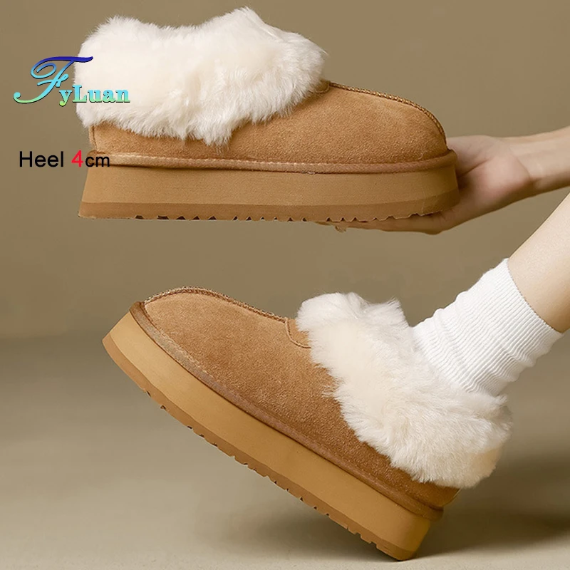 

2025 Autumn Winter Chestnut Color Women's Snow Boots Thick Middle Heels 4cm Round Toe Ladies Ankle Boots Korean Style Flat Shoes