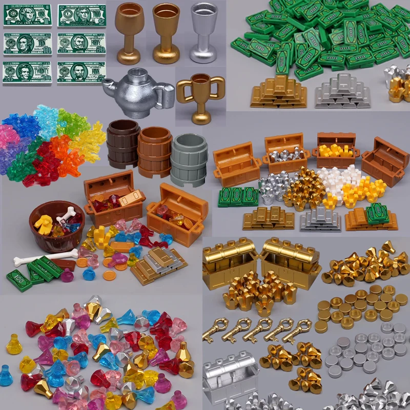 Zestaw Akcesoriów MOC City Treasure Series Klocki Konstrukcyjne Ruda Złota Kryształ Srebra Diament Pudełko Złoty Klucz Dollar Gotówka Cegła Zabawki dla Dzieci